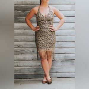 Le Château gold halter flapper-style dress with fringe, size M Fits size S best